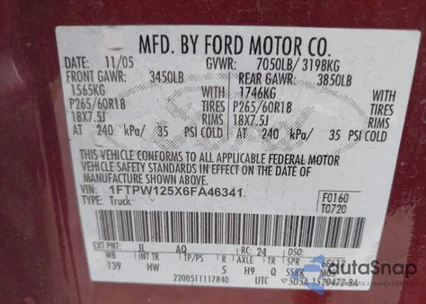 2006 Ford F-150 Lariat/Xlt z USA, uszkodzony, nr VIN 1FTPW125X6FA46341